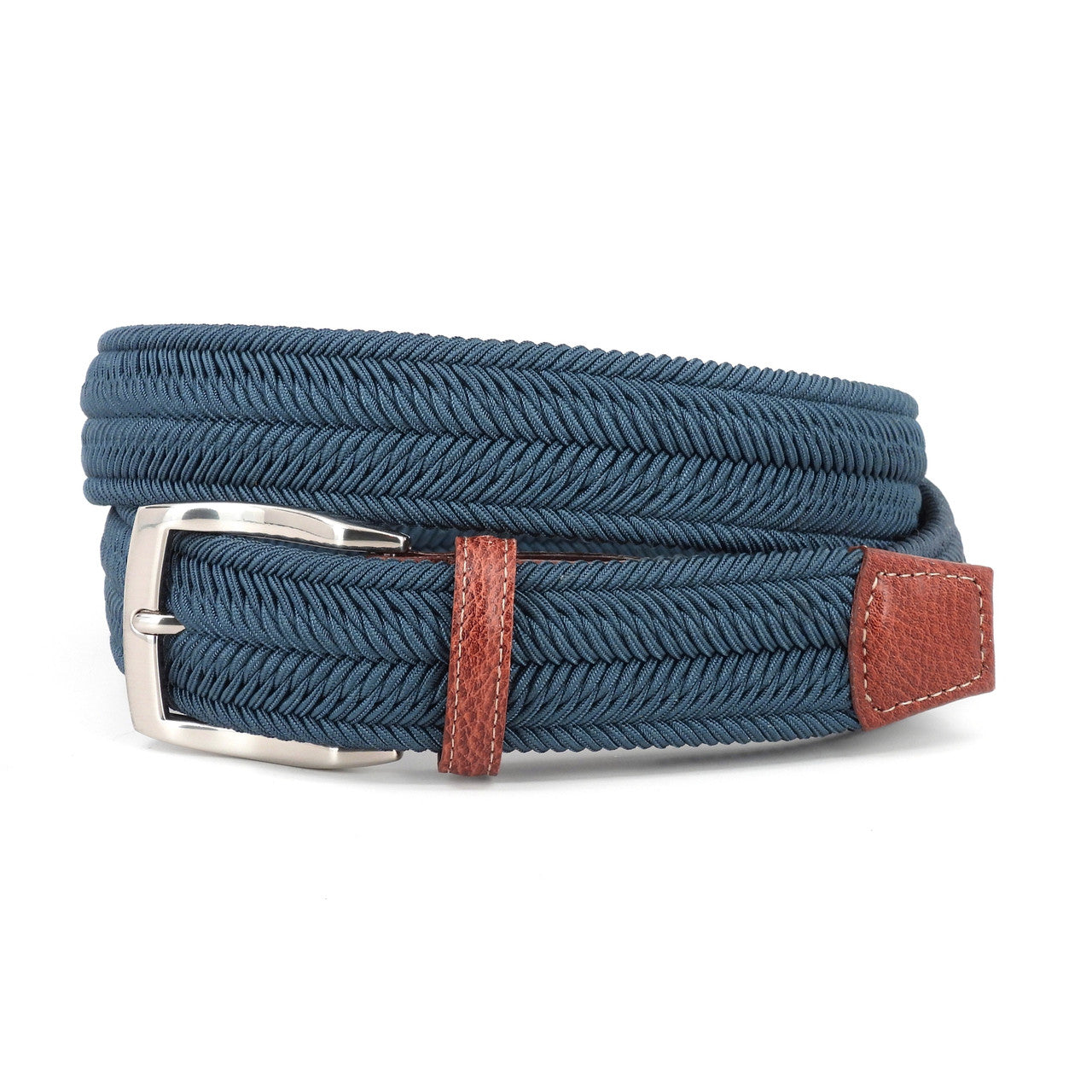 Italian Woven Herringbone Rayon Stretch Casual Belt in Navy