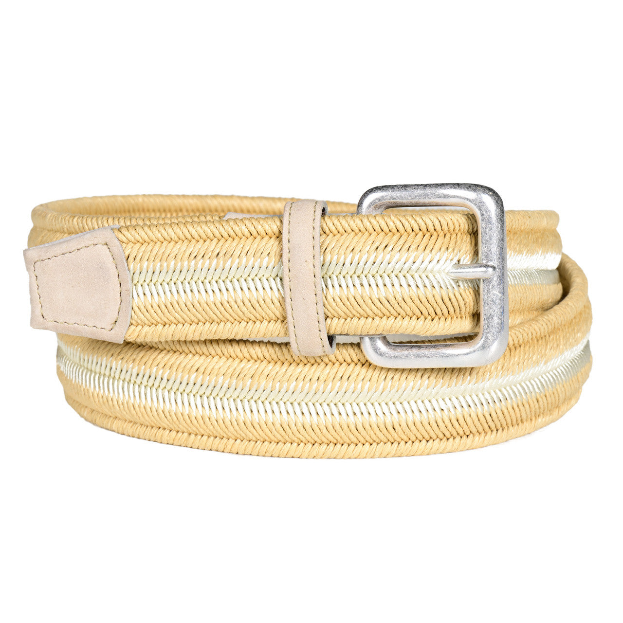 Italian Woven Two-Tone Stretch Cotton Belt in Cream/Camel by Torino Leather