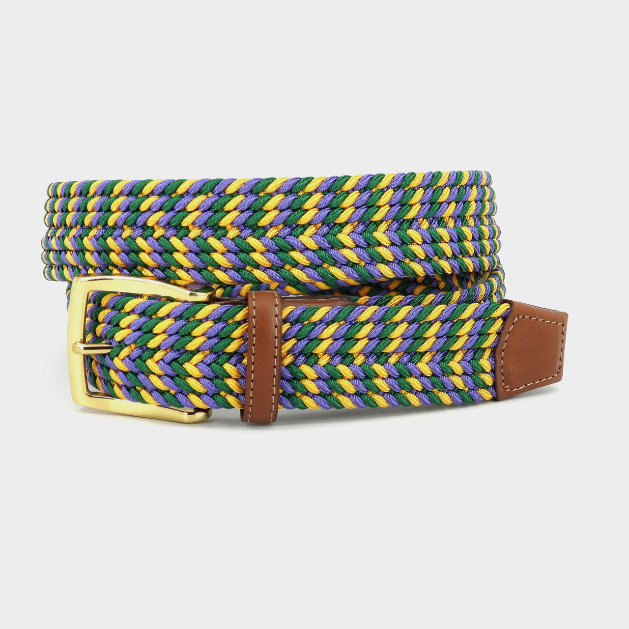 Italian Braided Stretch Rayon Casual Belt in Purple, Green & Gold