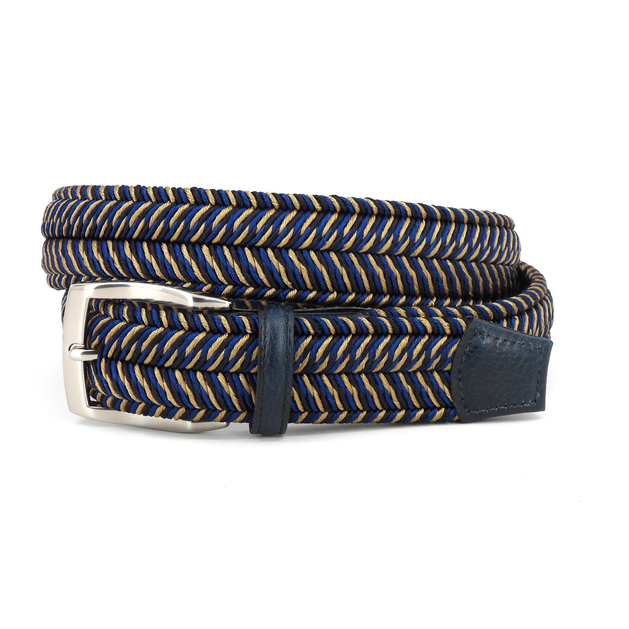 Italian Woven Herringbone Rayon Stretch Belt in Navy & Khaki Multi