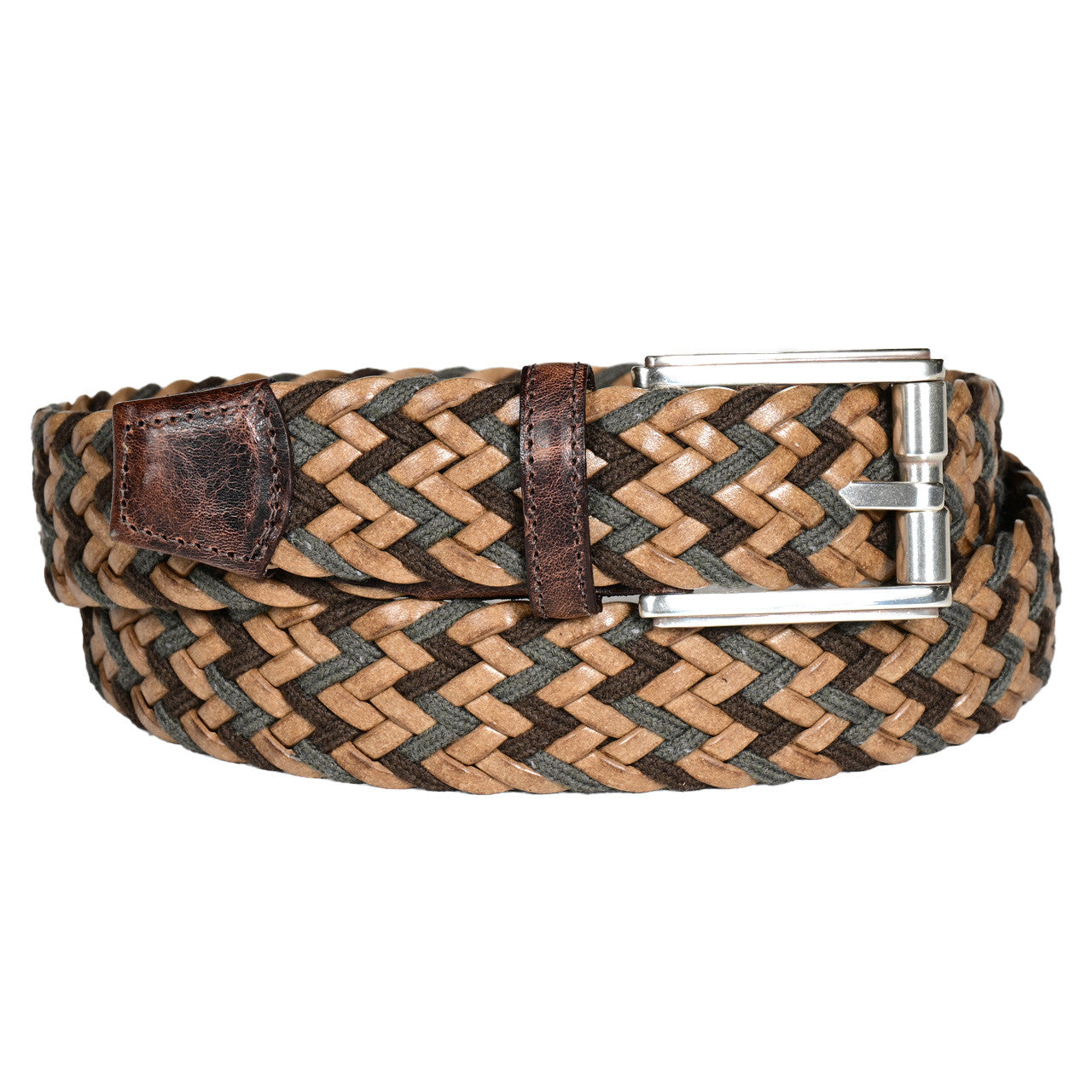 Italian Chevron Weave Belt with Distressed Shrunken Calfskin in Olive/Tan/Brown by Torino Leather