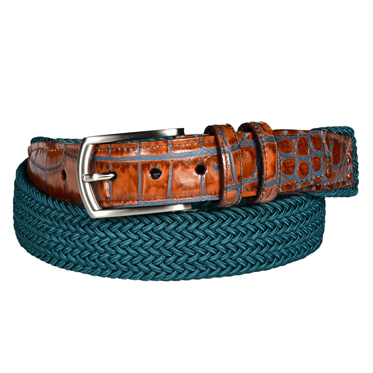 Italian Woven Rayon Elastic Belt with Two-Tone Crocodile-Embossed Calfskin Tabs in Teal/Tan by Torino Leather