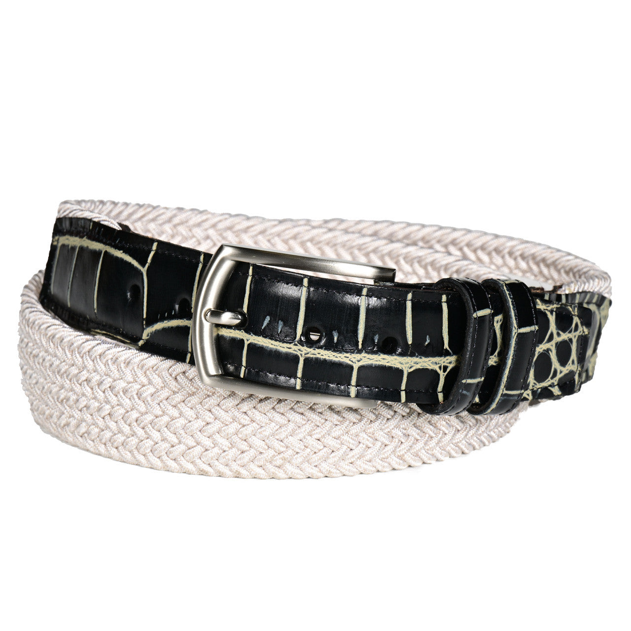 Italian Woven Rayon Elastic Belt with Two-Tone Crocodile-Embossed Calfskin Tabs in Cream/Black Beige by Torino Leather