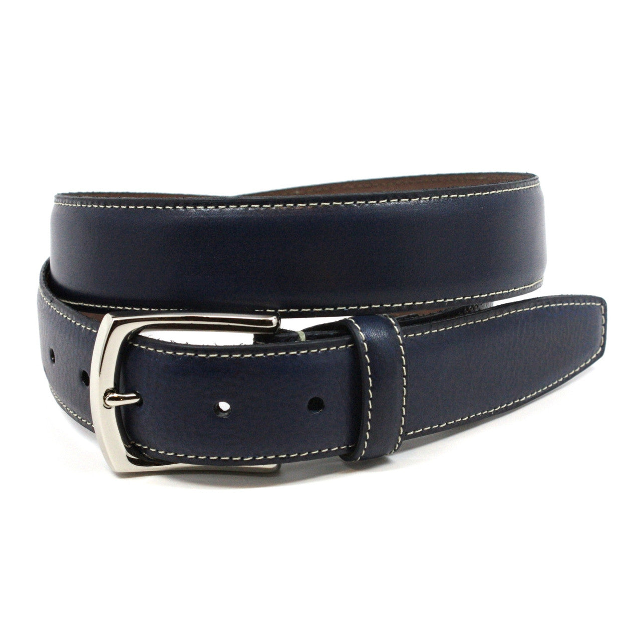 Navy Burnished Tumbled Leather Belt with Contrast Stitch