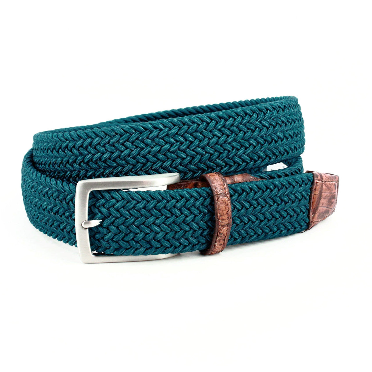 Italian Rayon Stretch Fabric Belt with Genuine Caiman Tabs in Teal