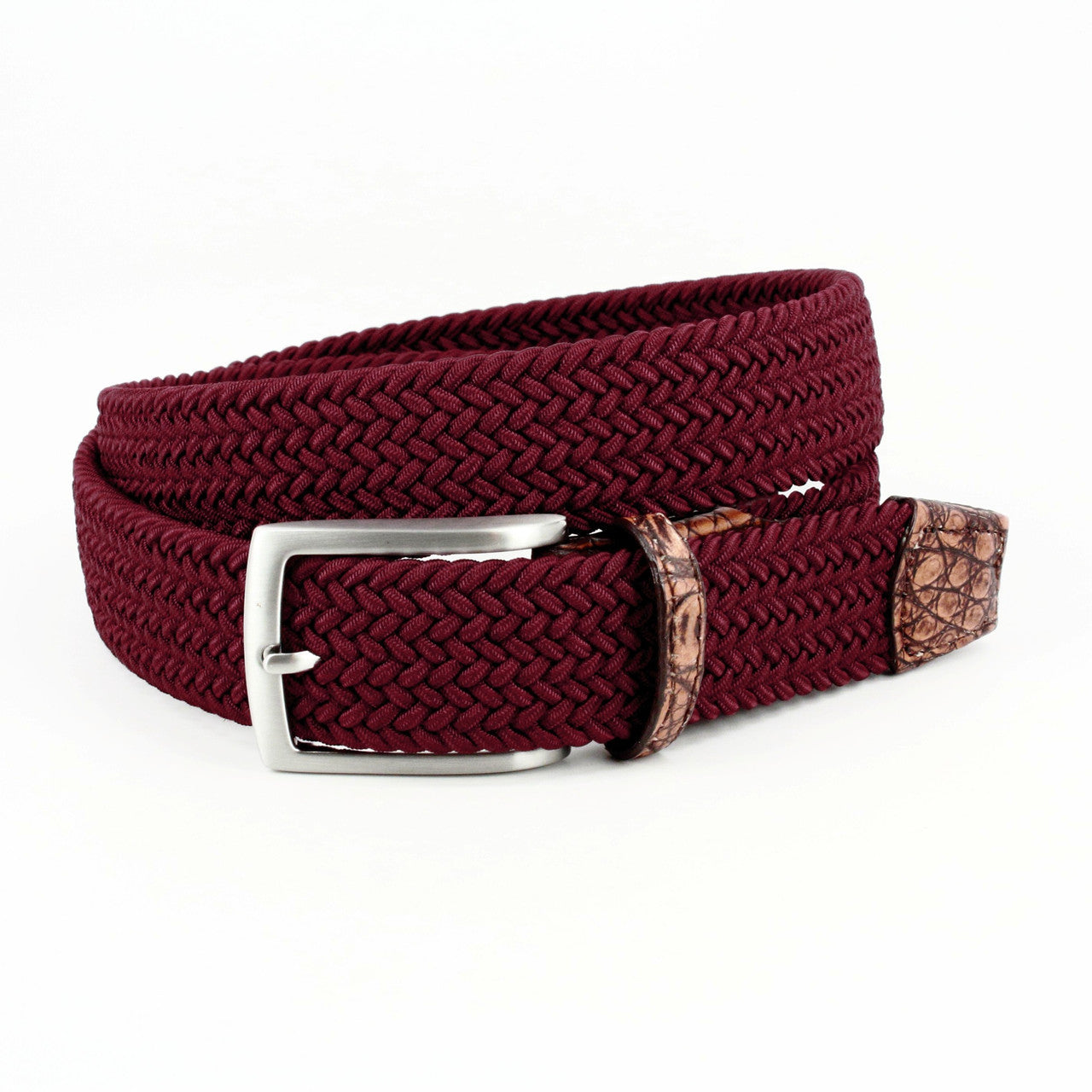 Italian Rayon Stretch Fabric Belt with Genuine Caiman Tabs in Burgundy