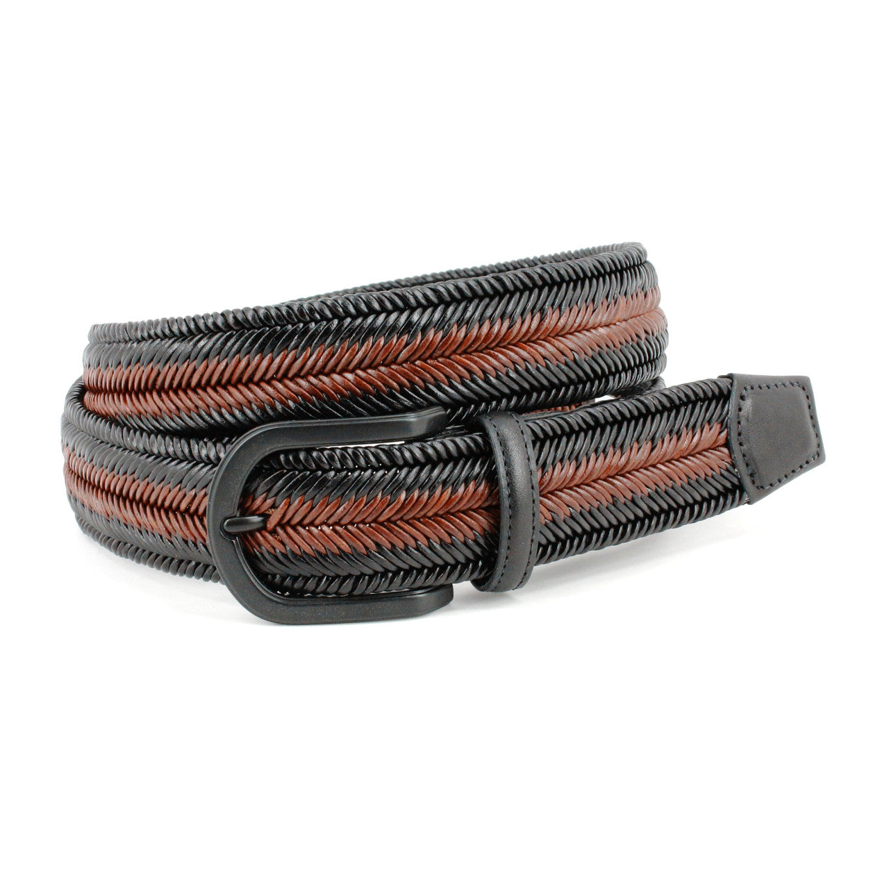 Woven Herringbone Stretch Leather Belt in Black & Brown
