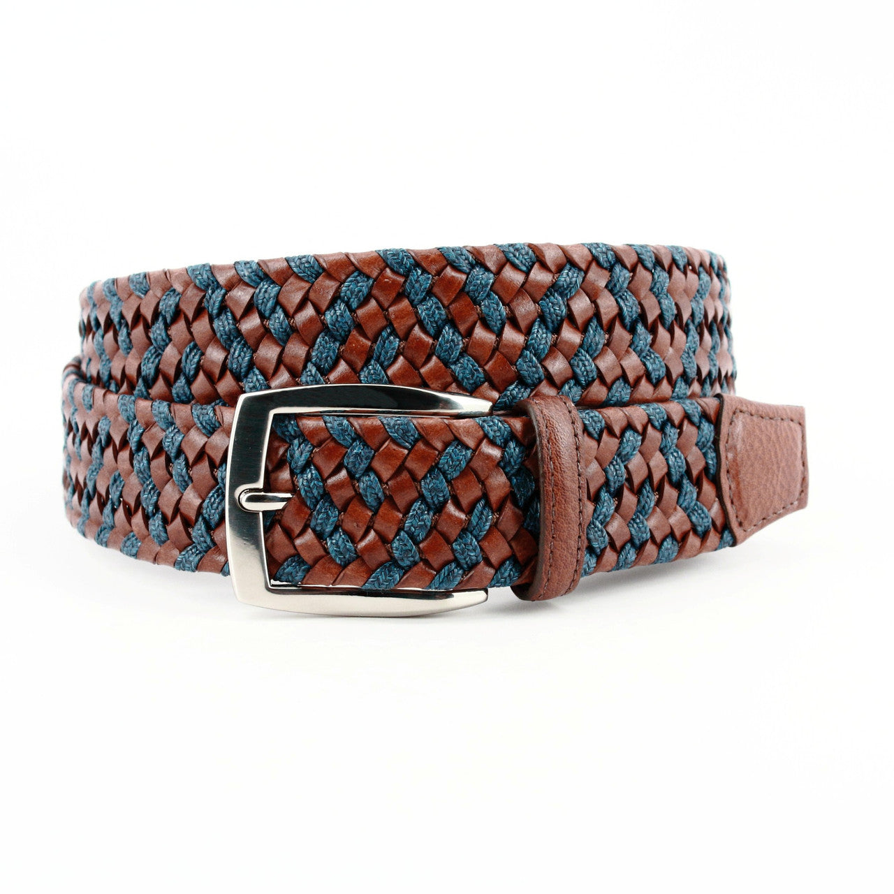 Italian Braided Leather & Linen Belt in Cognac & Navy