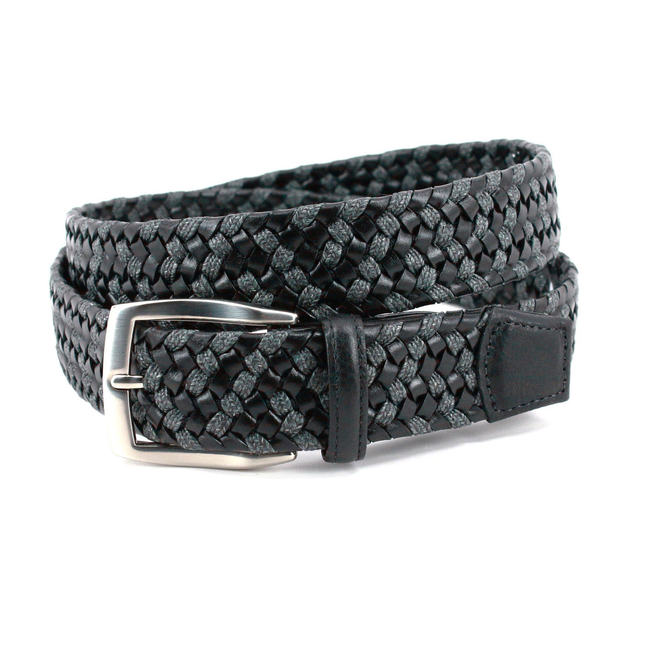 Black Italian Leather & Grey Linen Braided Casual Belt