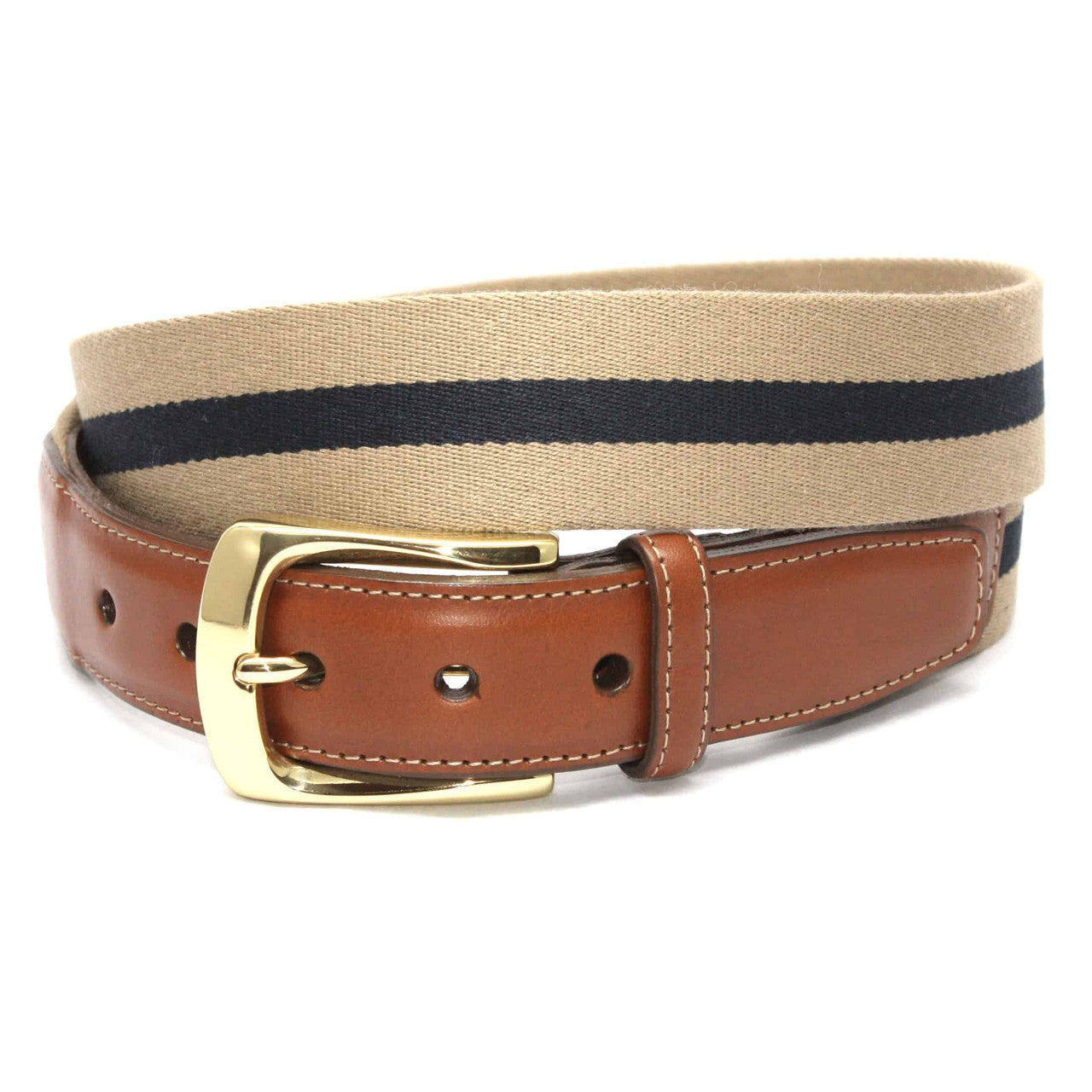 Camel/Navy Striped Ribbed European Fabric Casual Belt with Brass Buckle