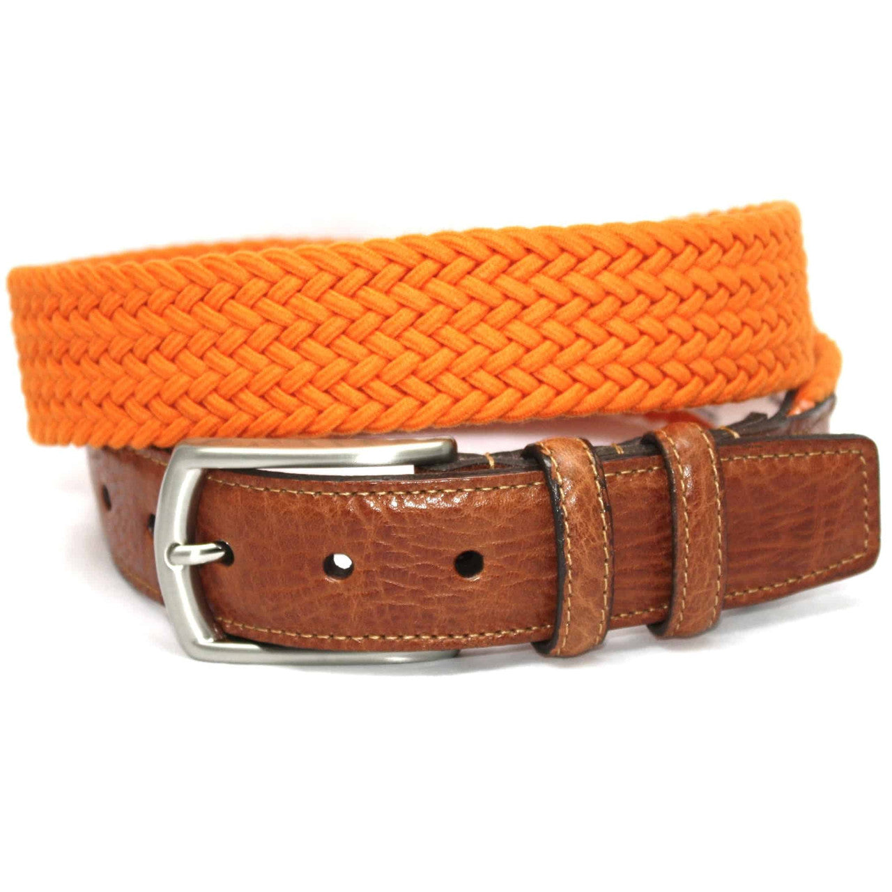 Orange Italian Woven Cotton Elastic Stretch Casual Belt with Tan Leather Tabs