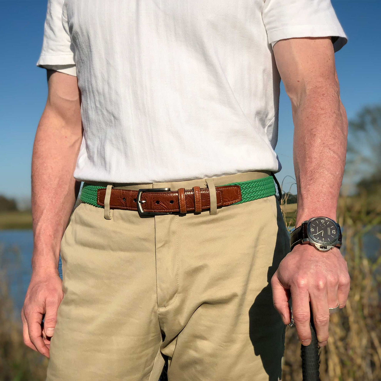 Italian Woven Cotton Elastic Belt in Light Green by Torino Leather