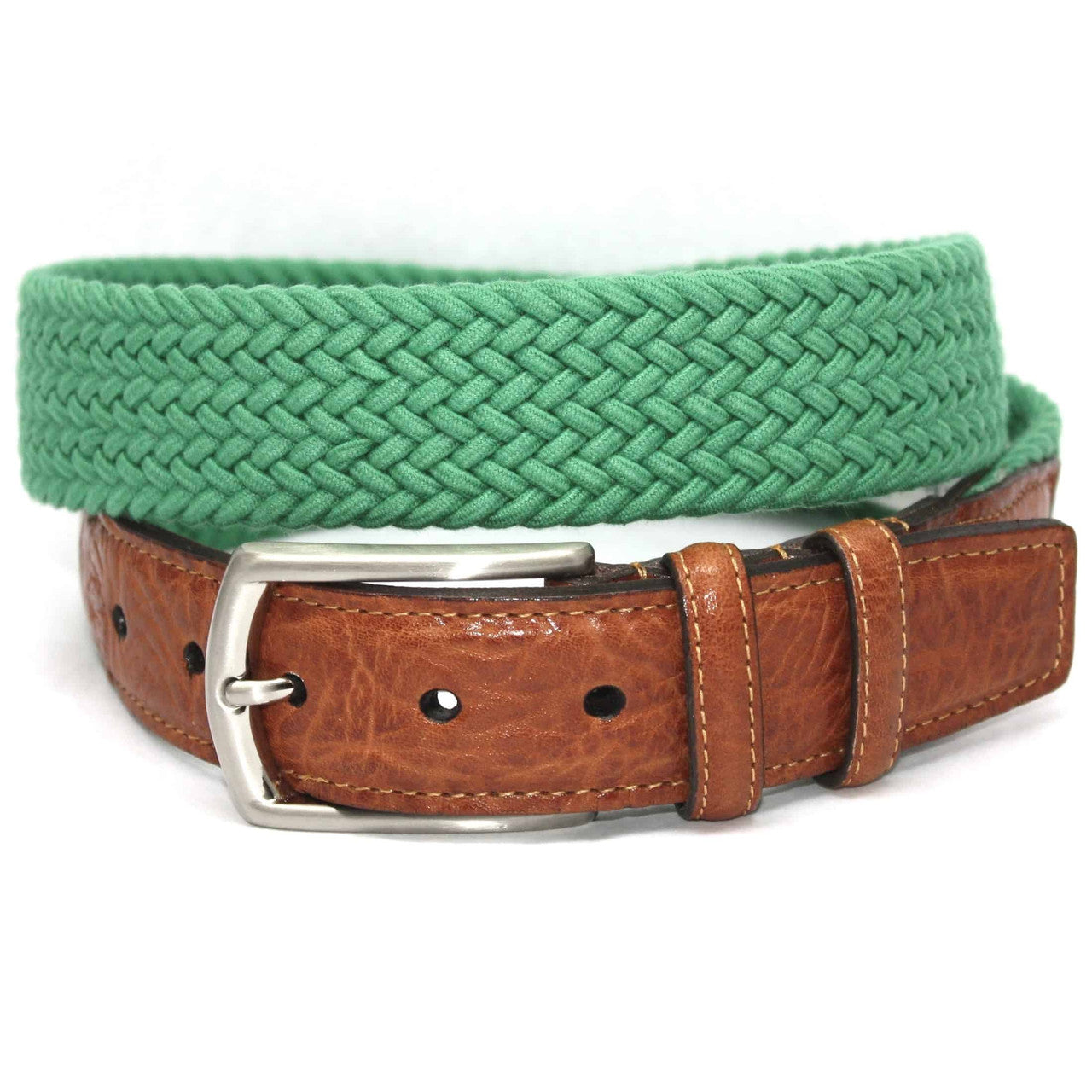 Light Green Italian Woven Cotton Elastic Stretch Casual Belt with Tan Leather Tabs