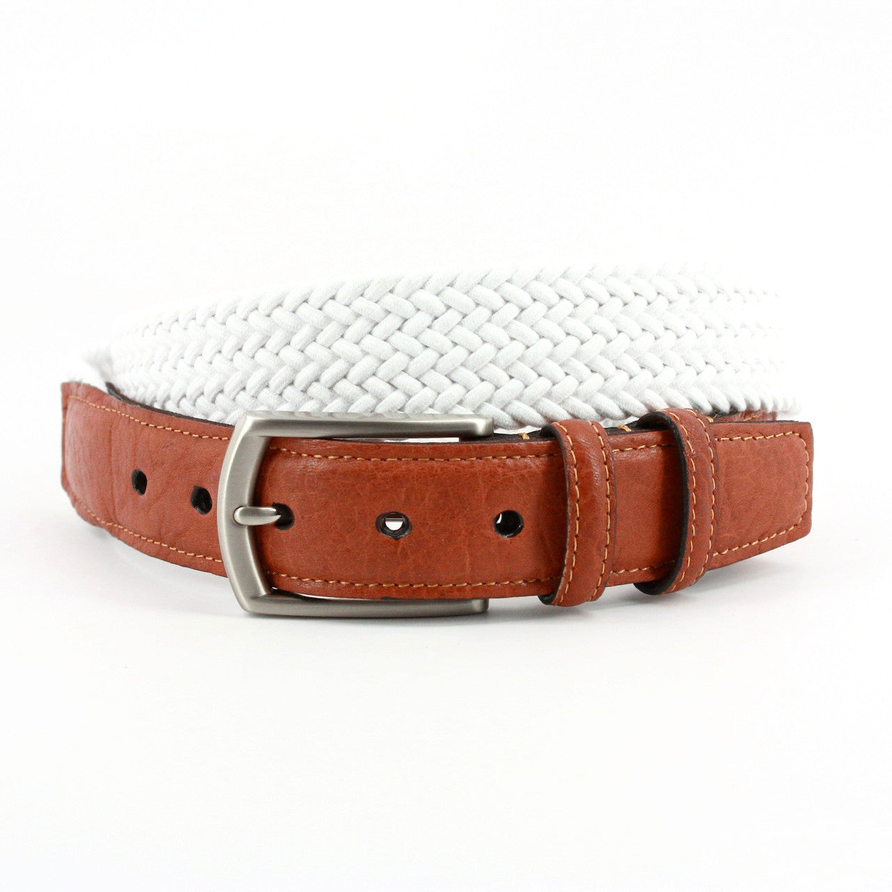 White Italian Woven Cotton Elastic Stretch Casual Belt with Tan Leather Tabs