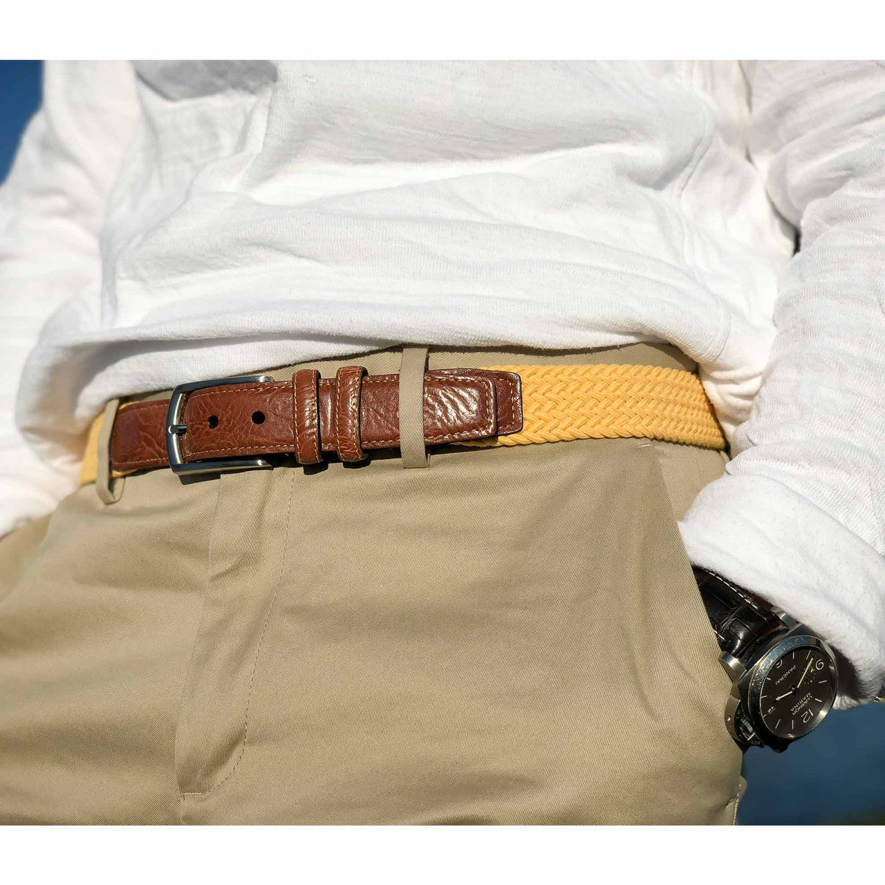 Italian Woven Cotton Elastic Belt in Yellow by Torino Leather
