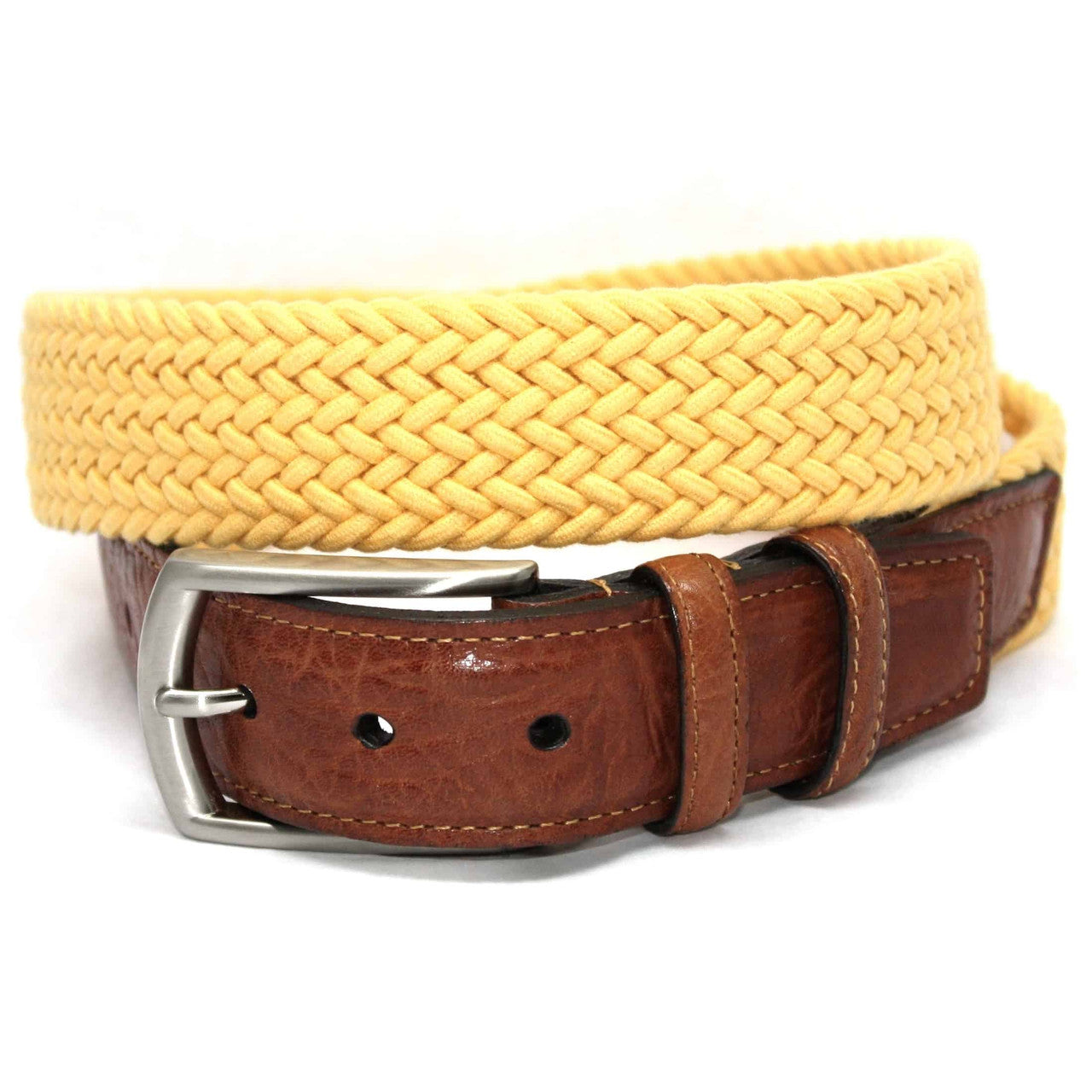 Yellow Italian Woven Cotton Elastic Stretch Casual Belt with Tan Leather Tabs