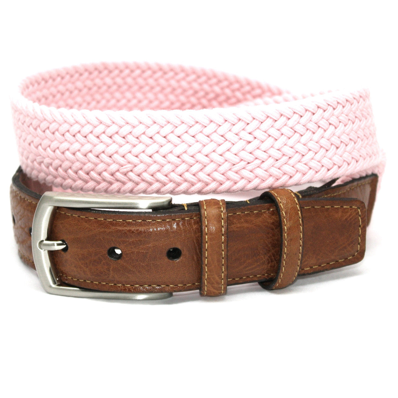 Pink Italian Woven Cotton Elastic Stretch Casual Belt with Tan Leather Tabs
