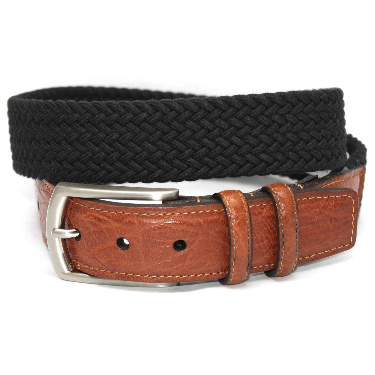 Big and Tall Italian Woven Cotton Elastic Casual Belt in Black