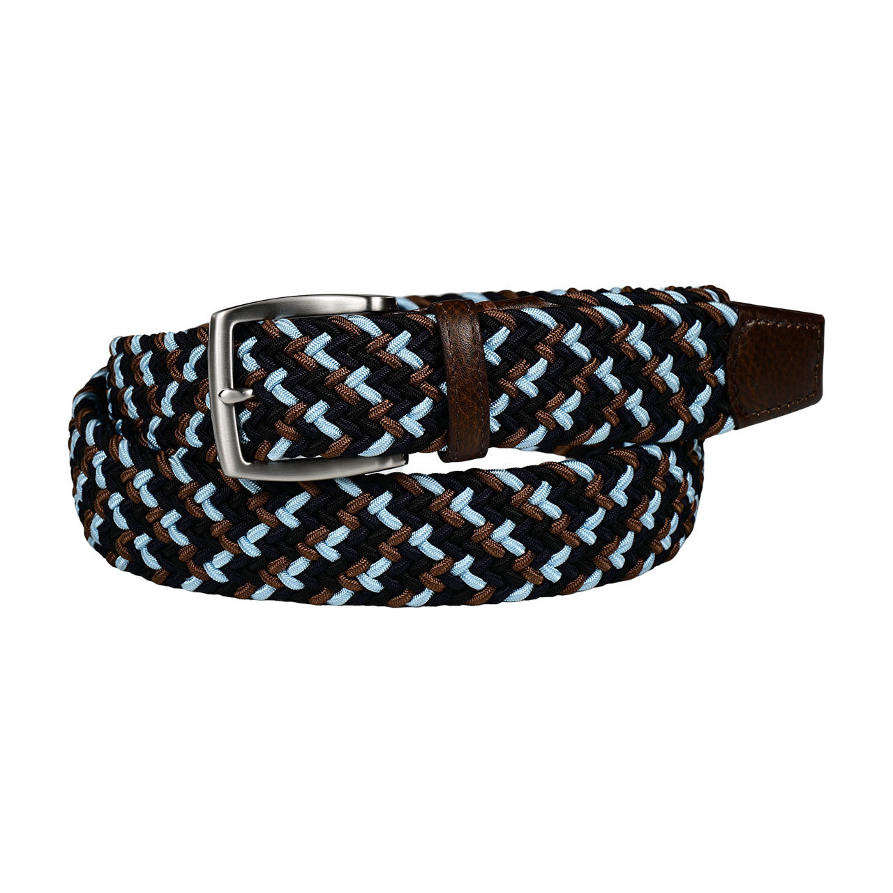 Italian Woven Rayon Stretch with Dark Brown Tabs Casual Belt in Light Blue and Black Multi by Torino Leather