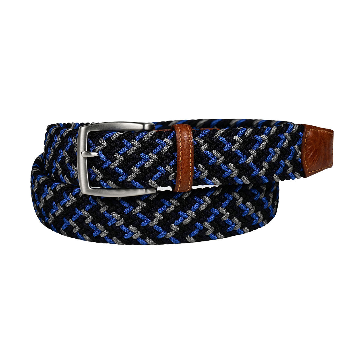 Italian Woven Rayon Stretch with Taurus Tabs Casual Belt in Black and Blue Multi by Torino Leather