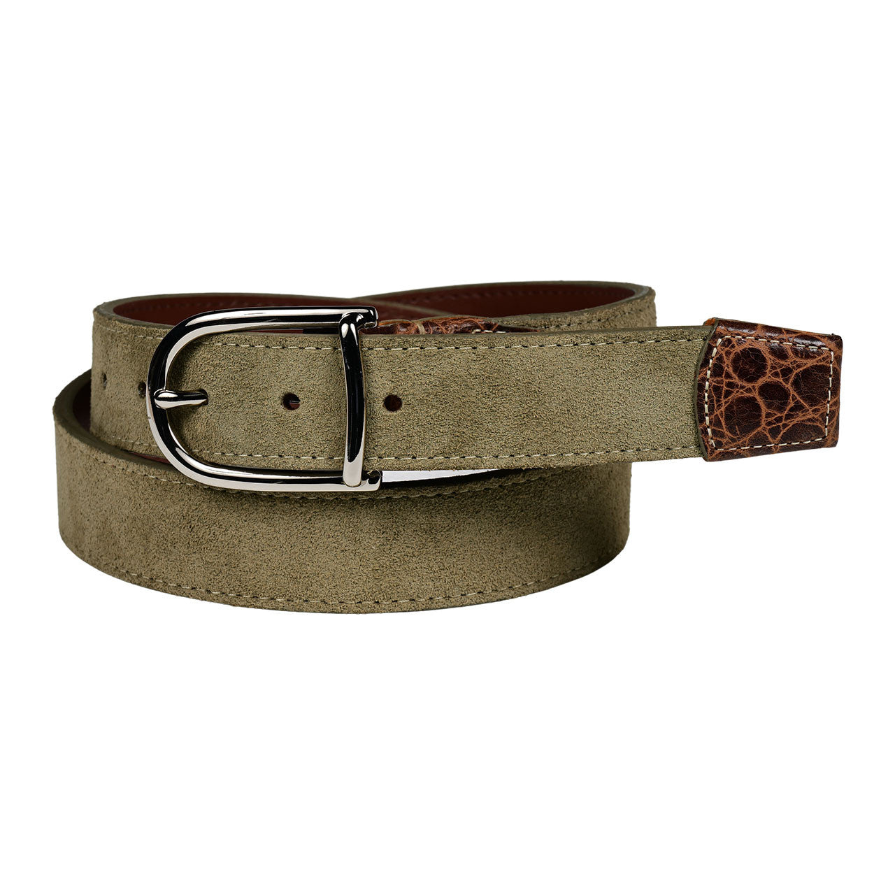 Suede Calfskin Casual Belt with Crocodile-Embossed Calfskin Tabs in Light Olive by Torino Leather