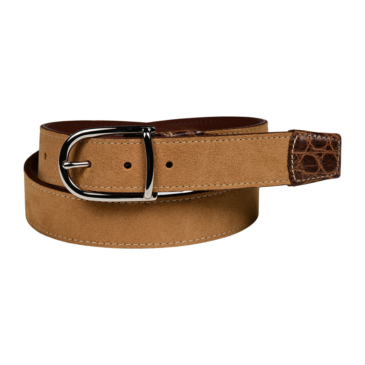 Suede Calfskin Casual Belt with Crocodile-Embossed Calfskin Tabs in Sunset Tan by Torino Leather
