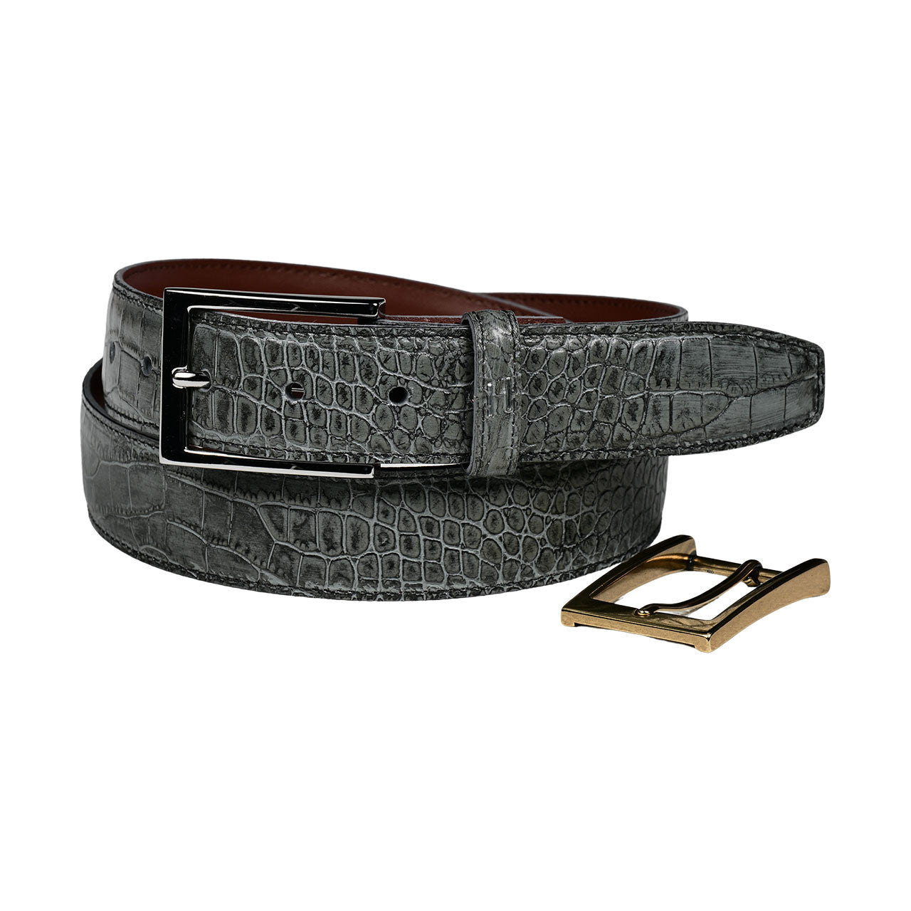 Alligator Grain Embossed Calfskin Double Buckle Belt in Gator Grey by Torino Leather