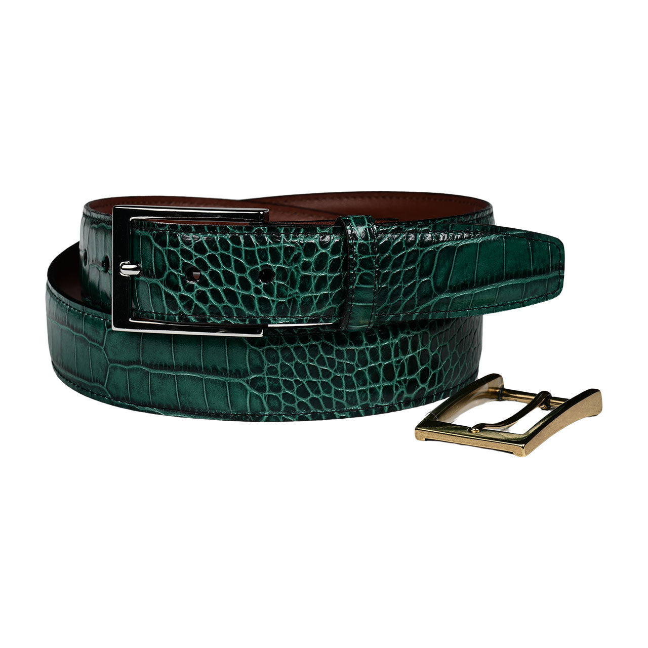 Alligator Grain Embossed Calfskin Double Buckle Belt in Gator Green by Torino Leather