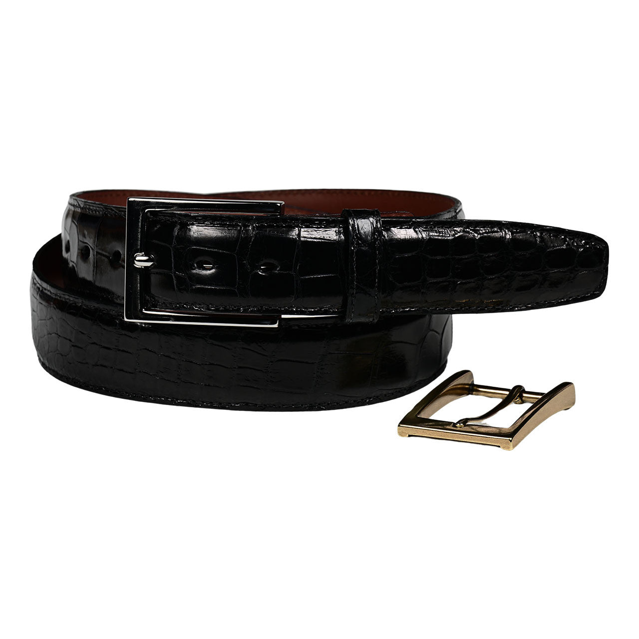 Waxed American Alligator Stitched Belt in Black by Torino Leather