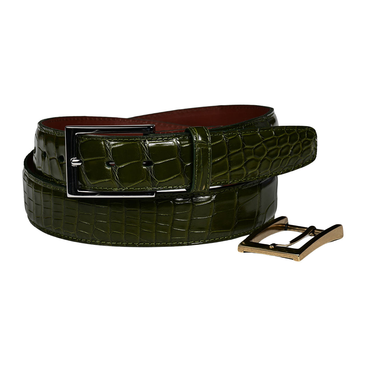 Waxed American Alligator Stitched Belt in Olive by Torino Leather