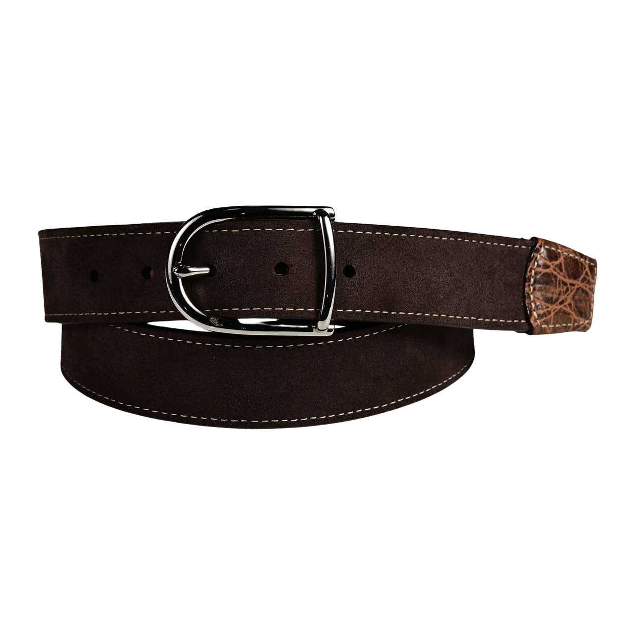 Suede Calfskin Casual Belt with Crocodile-Embossed Calfskin Tabs in Dark Brown by Torino Leather
